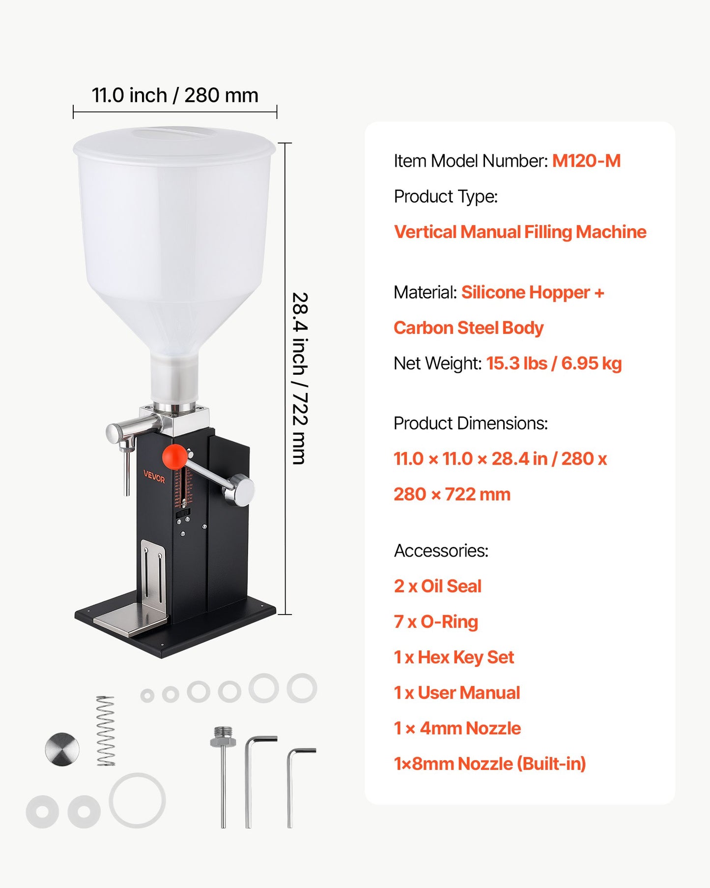 Manual Filling Machine, 10-120 ml, 12 L Hopper, Paste Liquid Filler, for Water, Honey, Oil, Shampoo and Lotion, Anti-Drip Nozzle, Adjustable Bottle Stand, Carbon Steel Body, Effort-Saving Handle