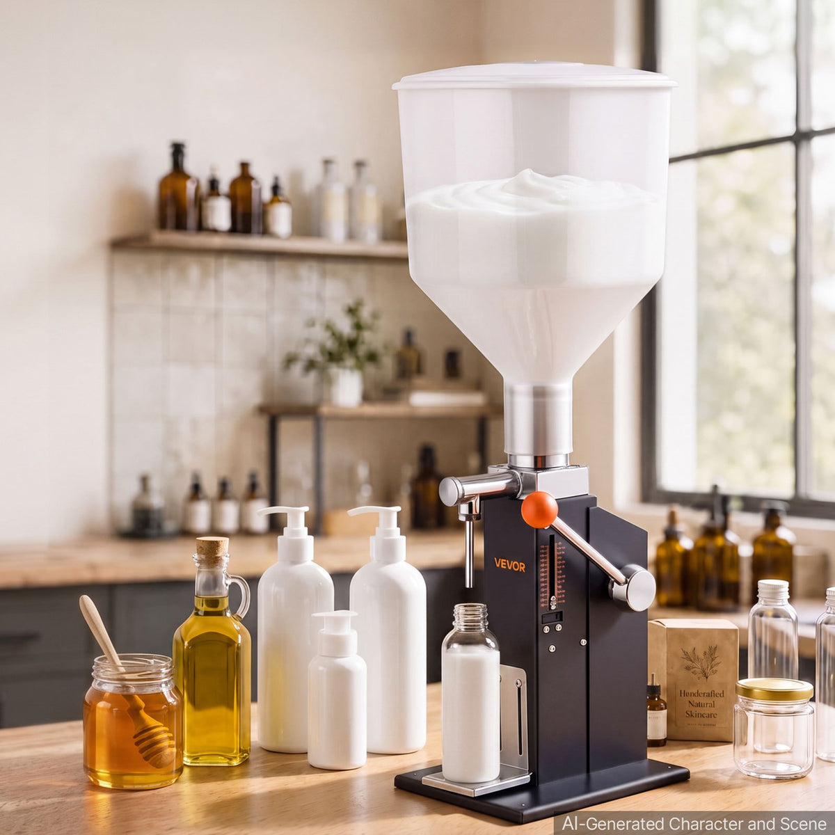 Manual Filling Machine, 10-120 ml, 12 L Hopper, Paste Liquid Filler, for Water, Honey, Oil, Shampoo and Lotion, Anti-Drip Nozzle, Adjustable Bottle Stand, Carbon Steel Body, Effort-Saving Handle