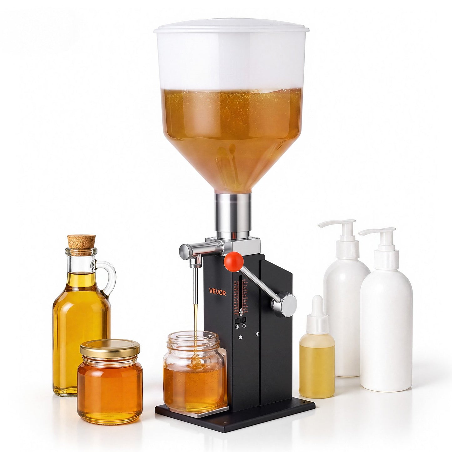 Manual Filling Machine, 10-120 ml, 12 L Hopper, Paste Liquid Filler, for Water, Honey, Oil, Shampoo and Lotion, Anti-Drip Nozzle, Adjustable Bottle Stand, Carbon Steel Body, Effort-Saving Handle