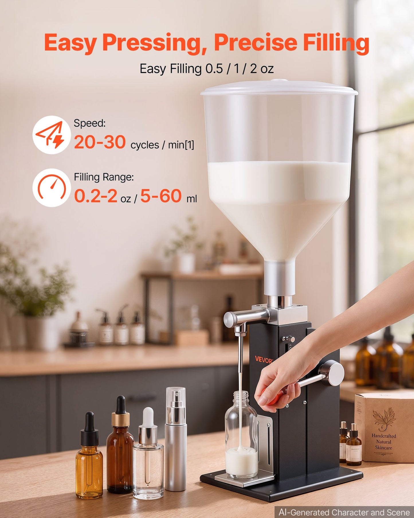 Manual Filling Machine, 5-60 ml, 10 L Hopper, Paste Liquid Filler, for Water, Honey, Oil, Shampoo and Lotion, Anti-Drip Nozzle, Adjustable Bottle Stand, Carbon Steel Body, Effort-Saving Handle