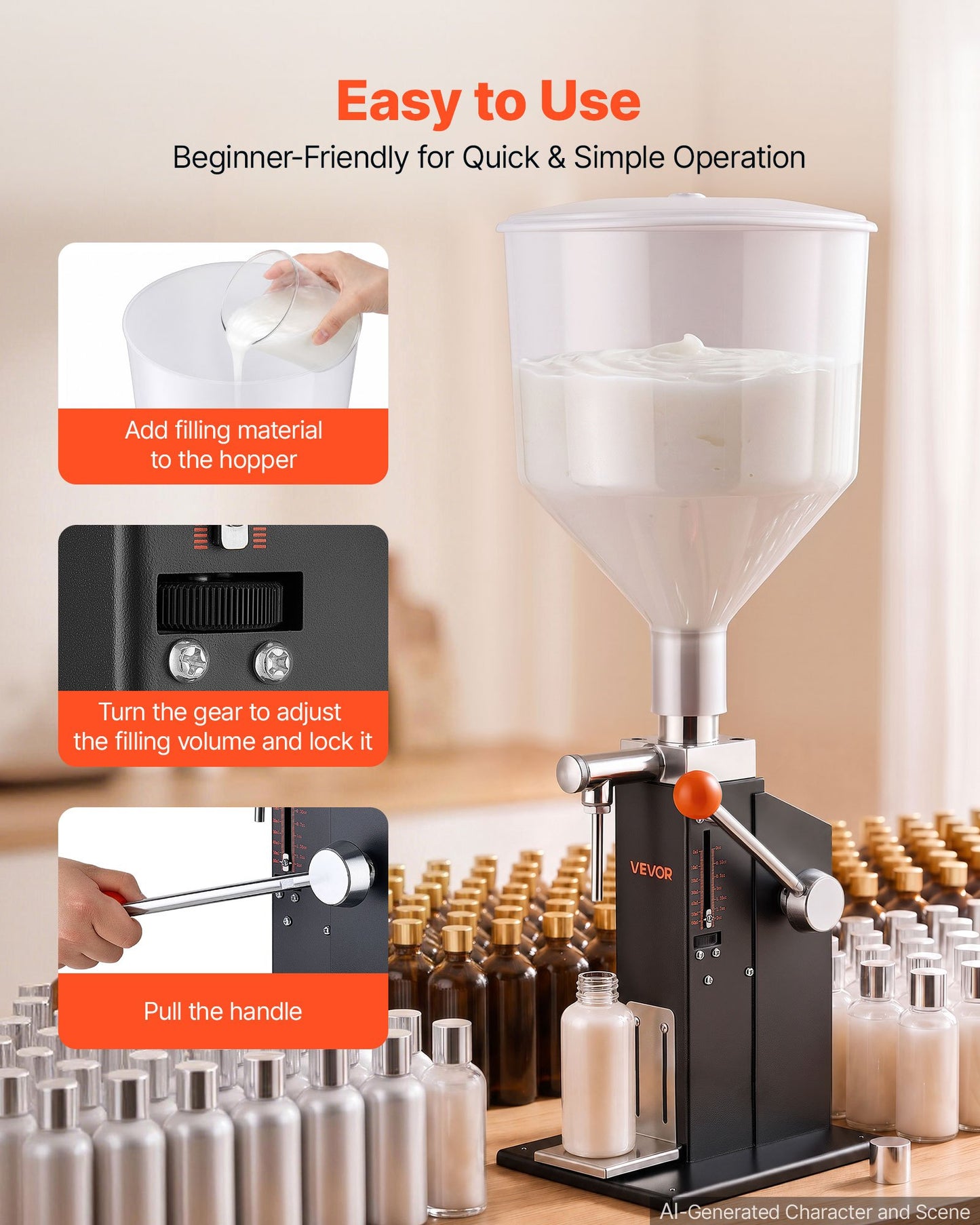 Manual Filling Machine, 5-60 ml, 10 L Hopper, Paste Liquid Filler, for Water, Honey, Oil, Shampoo and Lotion, Anti-Drip Nozzle, Adjustable Bottle Stand, Carbon Steel Body, Effort-Saving Handle