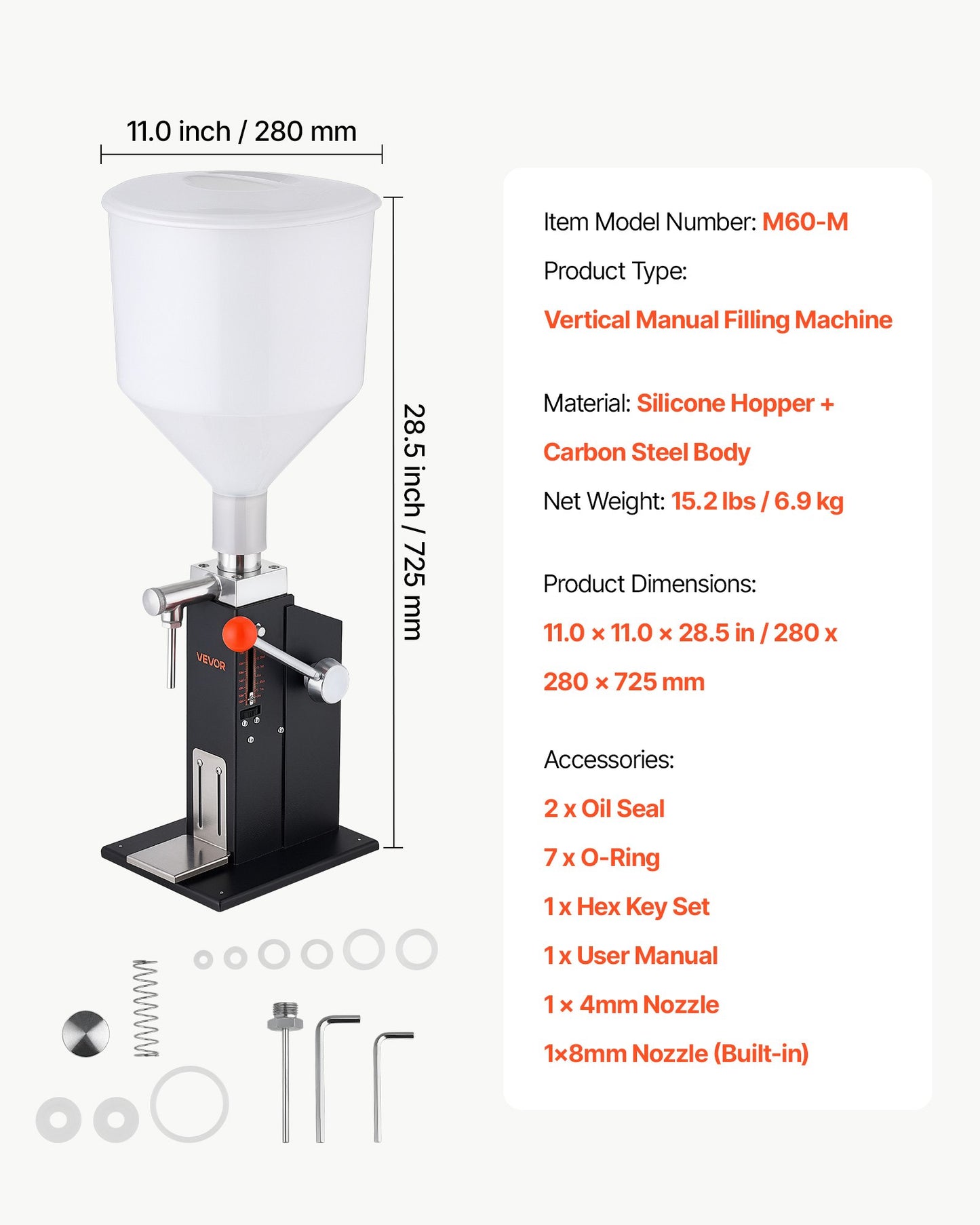 Manual Filling Machine, 5-60 ml, 10 L Hopper, Paste Liquid Filler, for Water, Honey, Oil, Shampoo and Lotion, Anti-Drip Nozzle, Adjustable Bottle Stand, Carbon Steel Body, Effort-Saving Handle