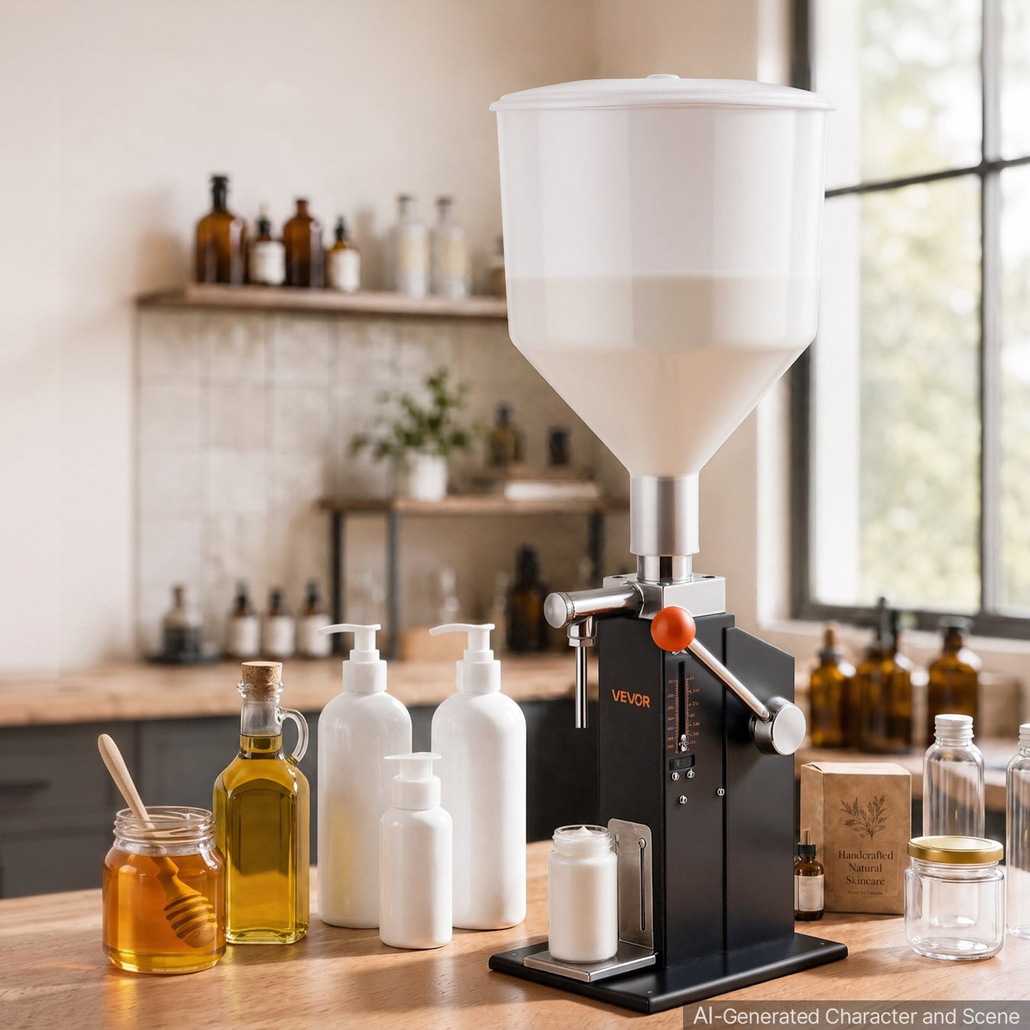 Manual Filling Machine, 5-60 ml, 10 L Hopper, Paste Liquid Filler, for Water, Honey, Oil, Shampoo and Lotion, Anti-Drip Nozzle, Adjustable Bottle Stand, Carbon Steel Body, Effort-Saving Handle