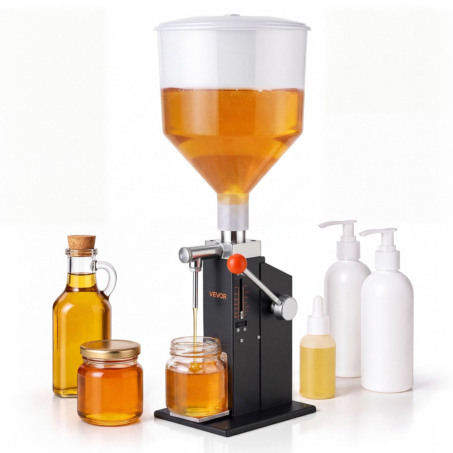 Manual Filling Machine, 5-60 ml, 10 L Hopper, Paste Liquid Filler, for Water, Honey, Oil, Shampoo and Lotion, Anti-Drip Nozzle, Adjustable Bottle Stand, Carbon Steel Body, Effort-Saving Handle