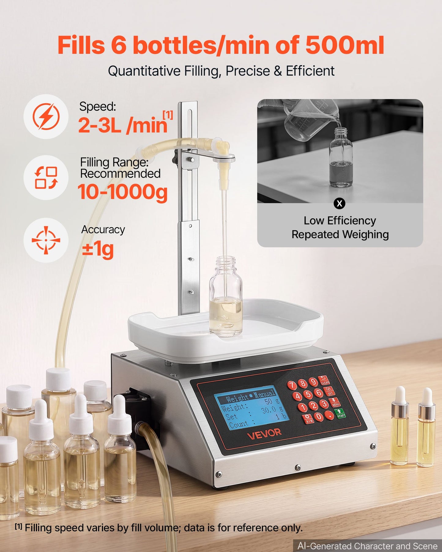 Liquid Filling Machine, 10-1000g Recommend Automatic Bottle Filler, for Water, Detergent, Oil, Premium Stainless Steel Body, Digital Weighing, Adjustable Stand, Memory Presets, Easy to Operate