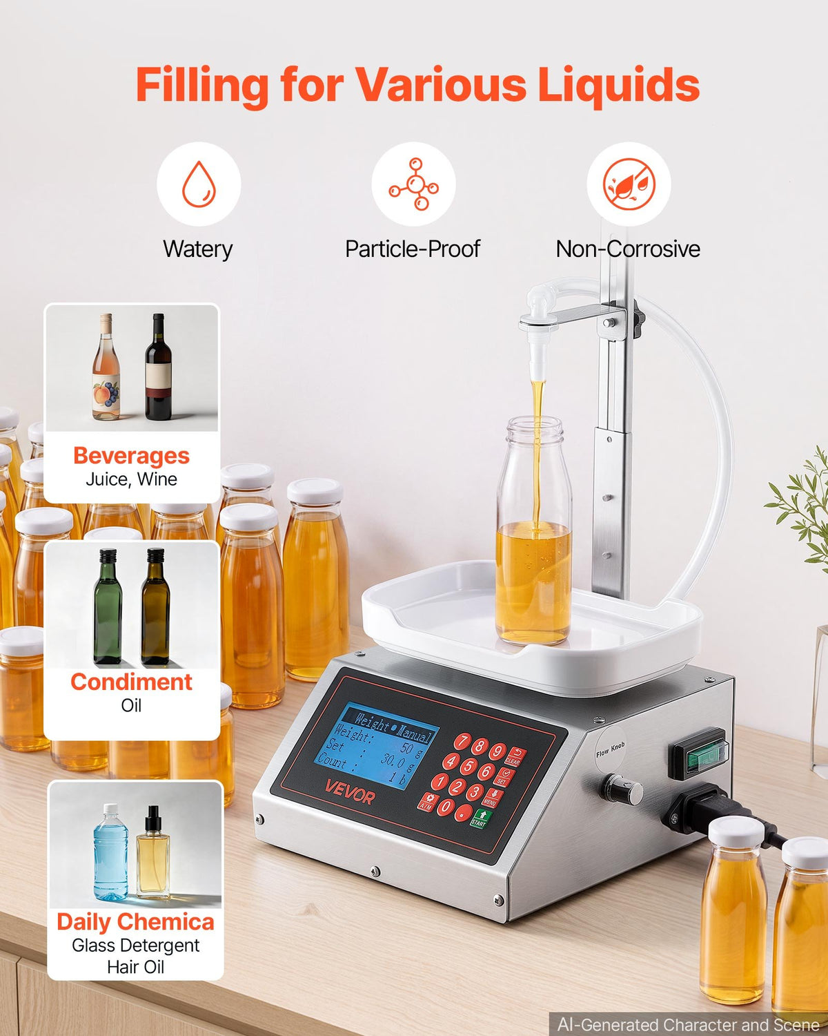 Liquid Filling Machine, 10-1000g Recommend Automatic Bottle Filler, for Water, Detergent, Oil, Premium Stainless Steel Body, Digital Weighing, Adjustable Stand, Memory Presets, Easy to Operate