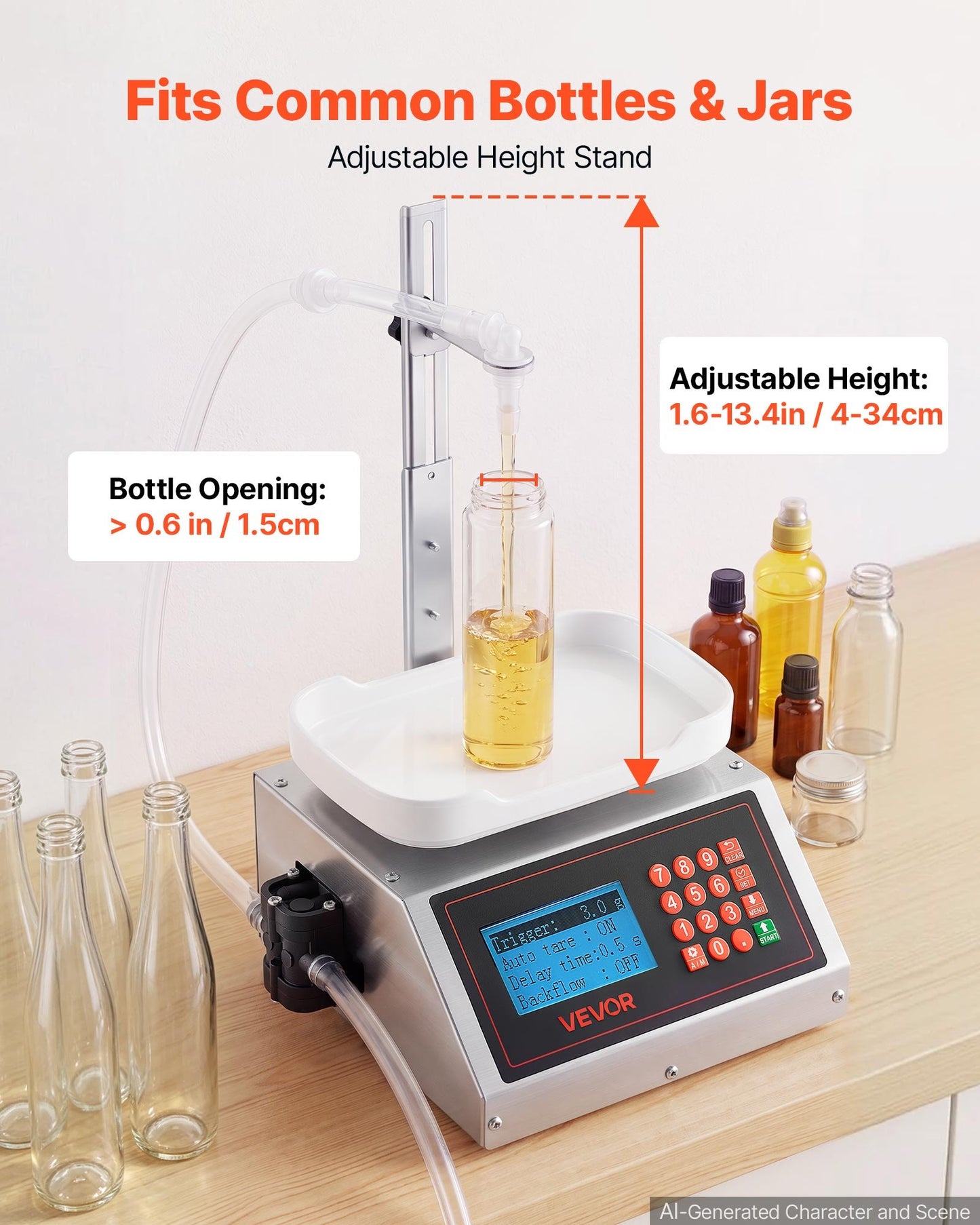 Liquid Filling Machine, 10-1000g Recommend Automatic Bottle Filler, for Water, Detergent, Oil, Premium Stainless Steel Body, Digital Weighing, Adjustable Stand, Memory Presets, Easy to Operate