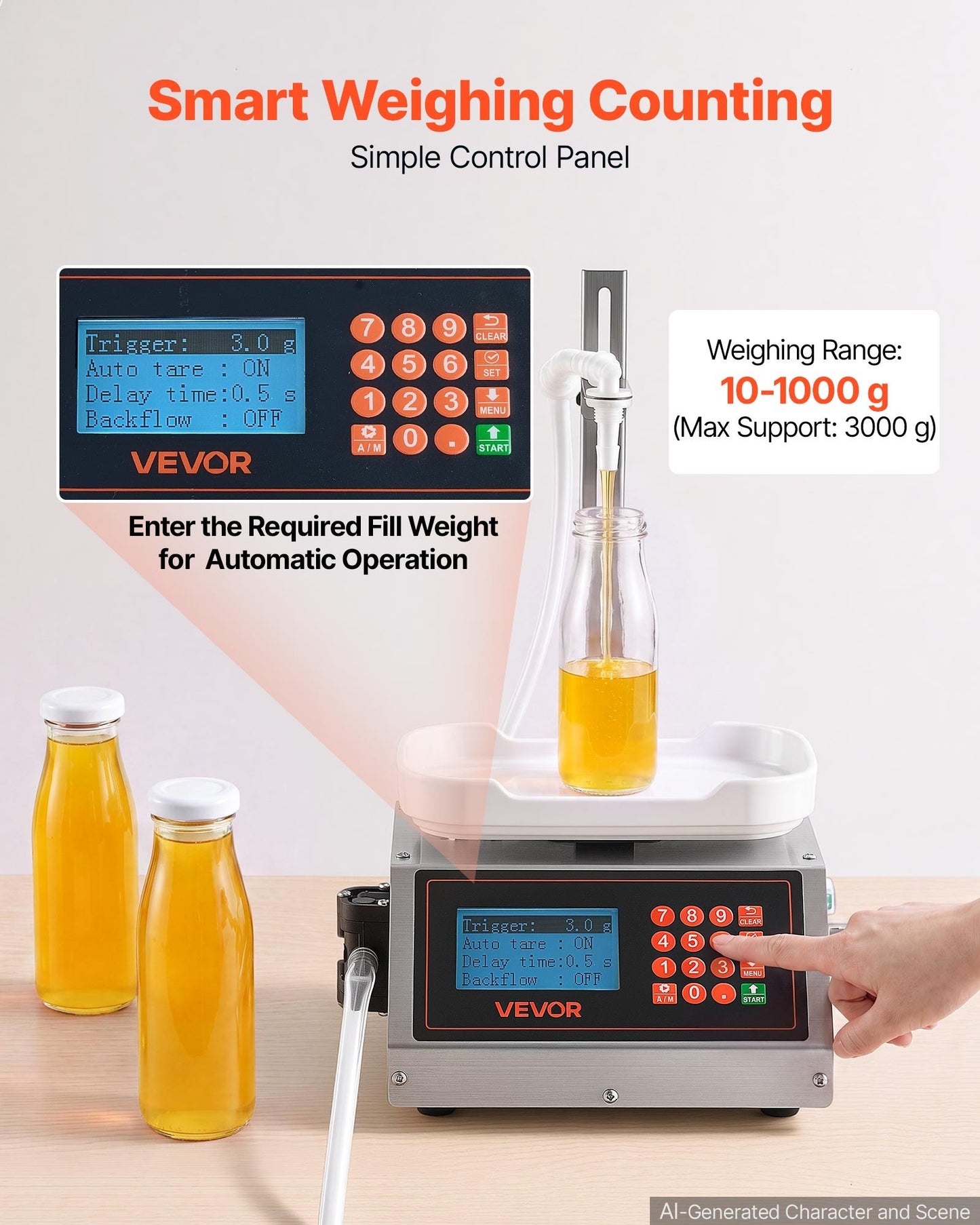 Liquid Filling Machine, 10-1000g Recommend Automatic Bottle Filler, for Water, Detergent, Oil, Premium Stainless Steel Body, Digital Weighing, Adjustable Stand, Memory Presets, Easy to Operate
