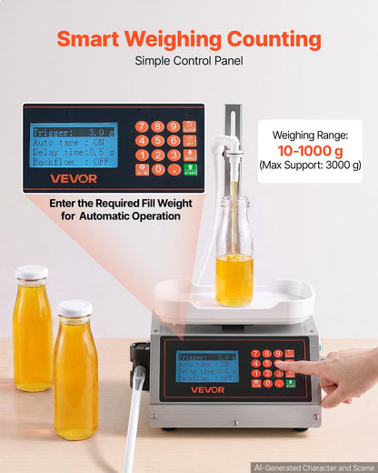 Liquid Filling Machine, 10-1000g Recommend Automatic Bottle Filler, for Water, Detergent, Oil, Premium Stainless Steel Body, Digital Weighing, Adjustable Stand, Memory Presets, Easy to Operate