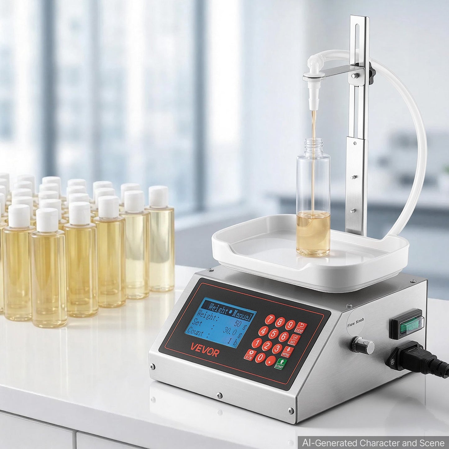Liquid Filling Machine, 10-1000g Recommend Automatic Bottle Filler, for Water, Detergent, Oil, Premium Stainless Steel Body, Digital Weighing, Adjustable Stand, Memory Presets, Easy to Operate
