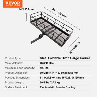 VEVOR 1524 x 610 x 355 mm/60*24*14 inch Hitch Cargo Carrier, 400lbs Capacity Folding