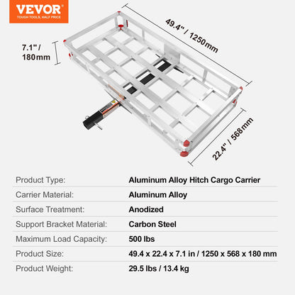 VEVOR 49.4 x 22.4 x 7.1 in Hitch Cargo Carrier, 500lb Capacity Trailer Hitch Mount
