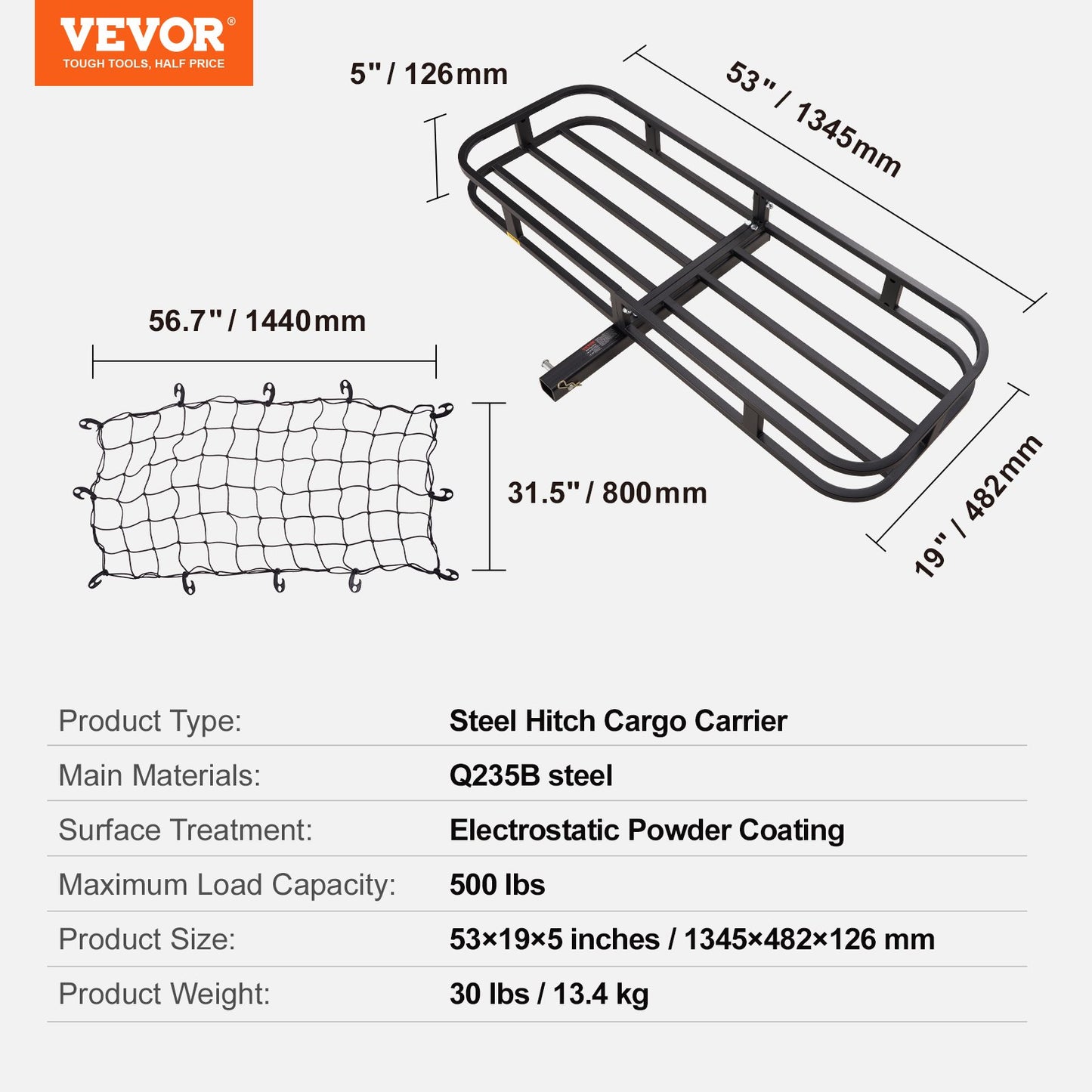 VEVOR 53 x 19 x 5 in Hitch Cargo Carrier, 500lb Capacity Trailer Hitch Mount Cargo