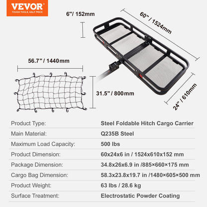VEVOR 1524x610x152 mm/60*24*6 inch Hitch Mount Cargo Carrier, 227kg Capacity Folding