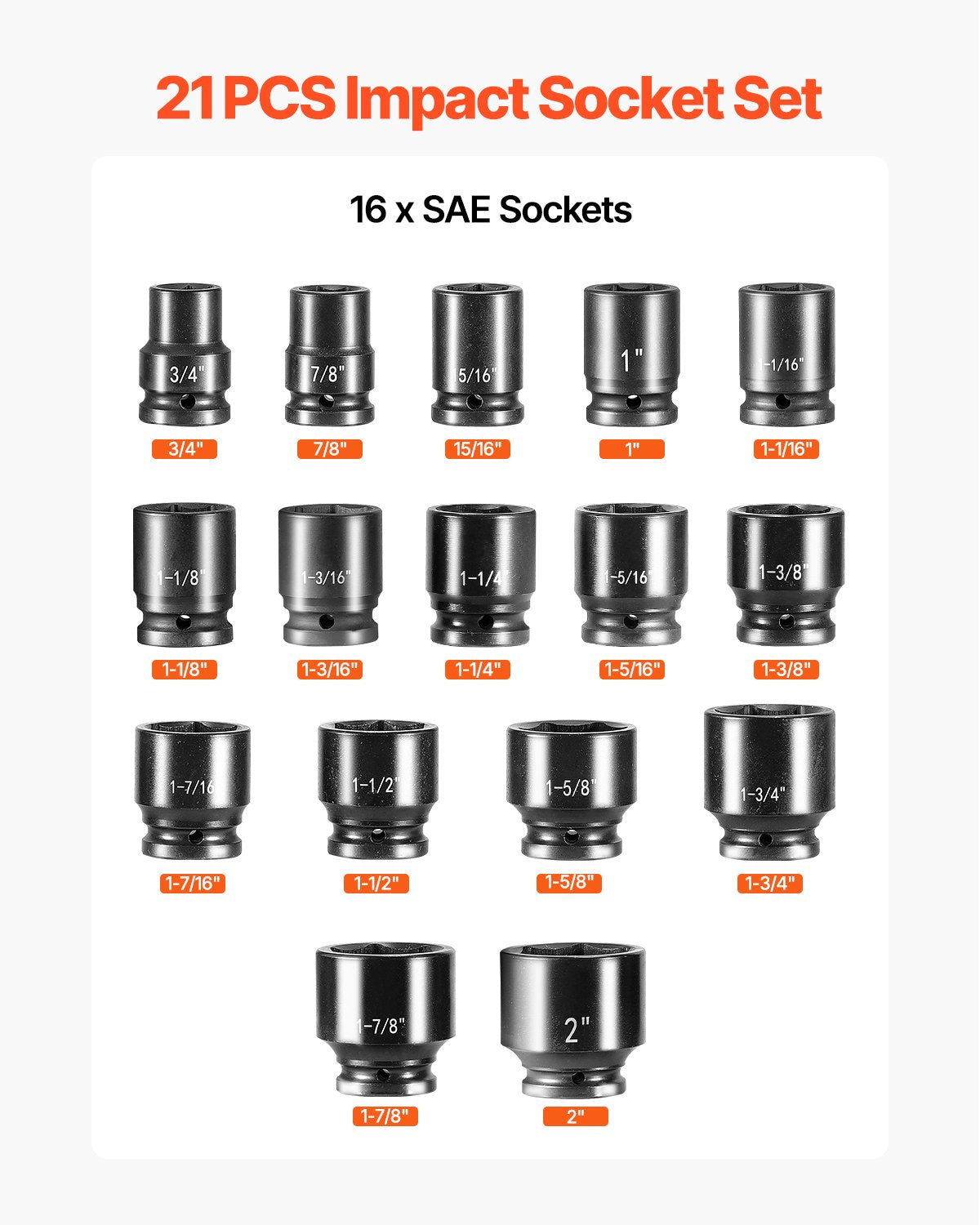 Impact Socket Set Impact Sockets 3/4 Inches 21 Piece 3/4 Inches to 2 Inches SAE