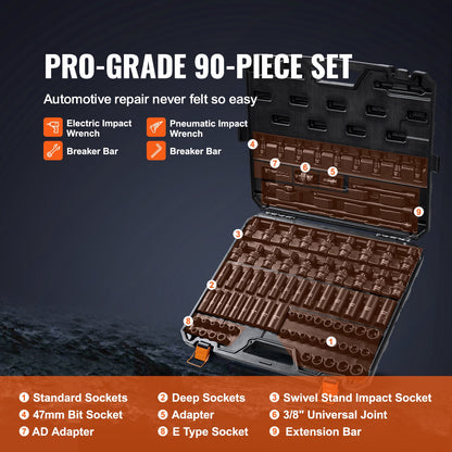 VEVOR 3/8" Drive Impact Socket Set, 90 Piece Socket Set SAE 1/4"-3/4" and Metric
