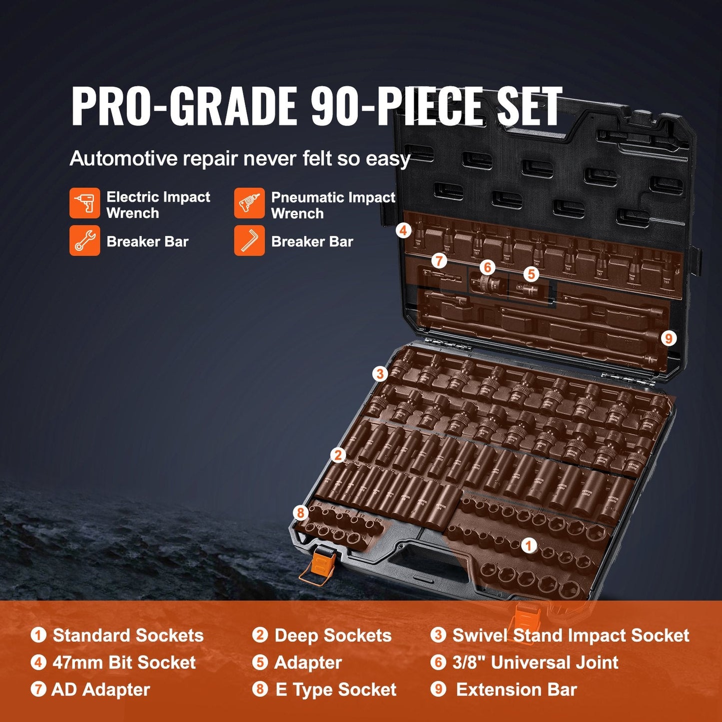 90-Piece 3/8" Drive Socket Set in Cr-Mo Steel with SAE & Metric Sizes