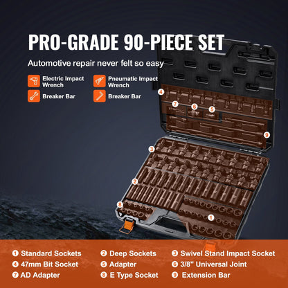 90-Piece 3/8" Drive Socket Set in Cr-Mo Steel with SAE & Metric Sizes