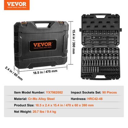 90-Piece 3/8" Drive Socket Set in Cr-Mo Steel with SAE & Metric Sizes