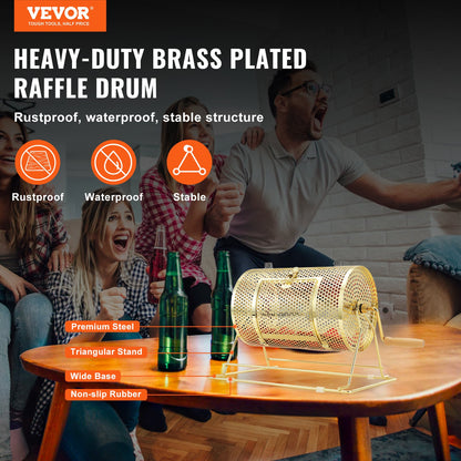 VEVOR Raffle Drum, 11.6 x Ø7.48 inch Brass Plated Raffle Ticket Spinning Cage, Holds