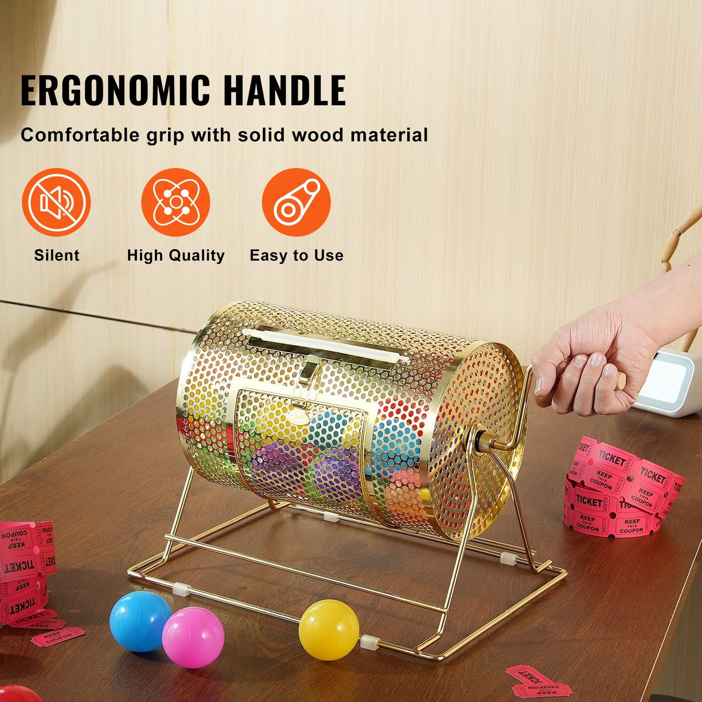VEVOR Raffle Drum, 11.6 x Ø7.48 inch Brass Plated Raffle Ticket Spinning Cage, Holds