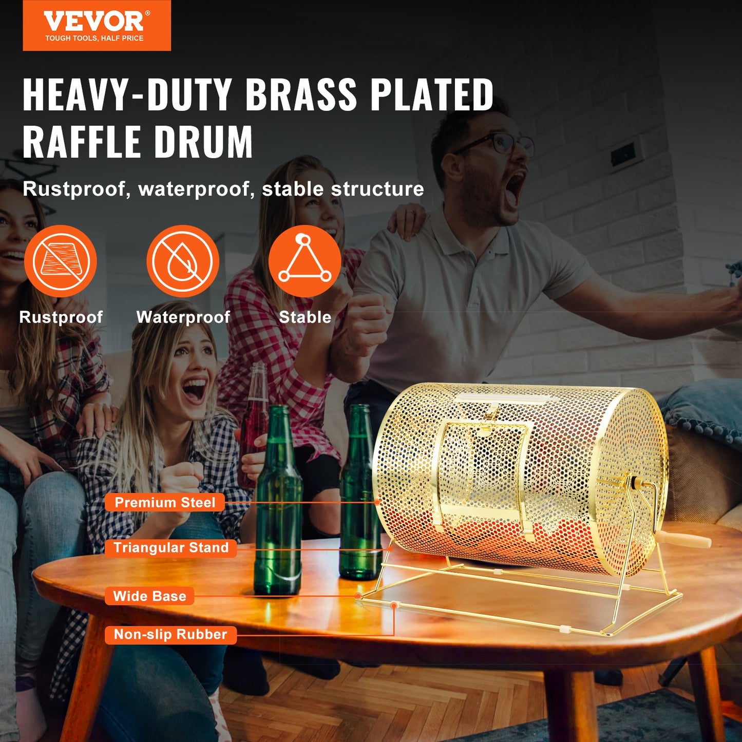 VEVOR Raffle Drum, 16.1 x Ø12 inch Brass Plated Raffle Ticket Spinning Cage, Holds