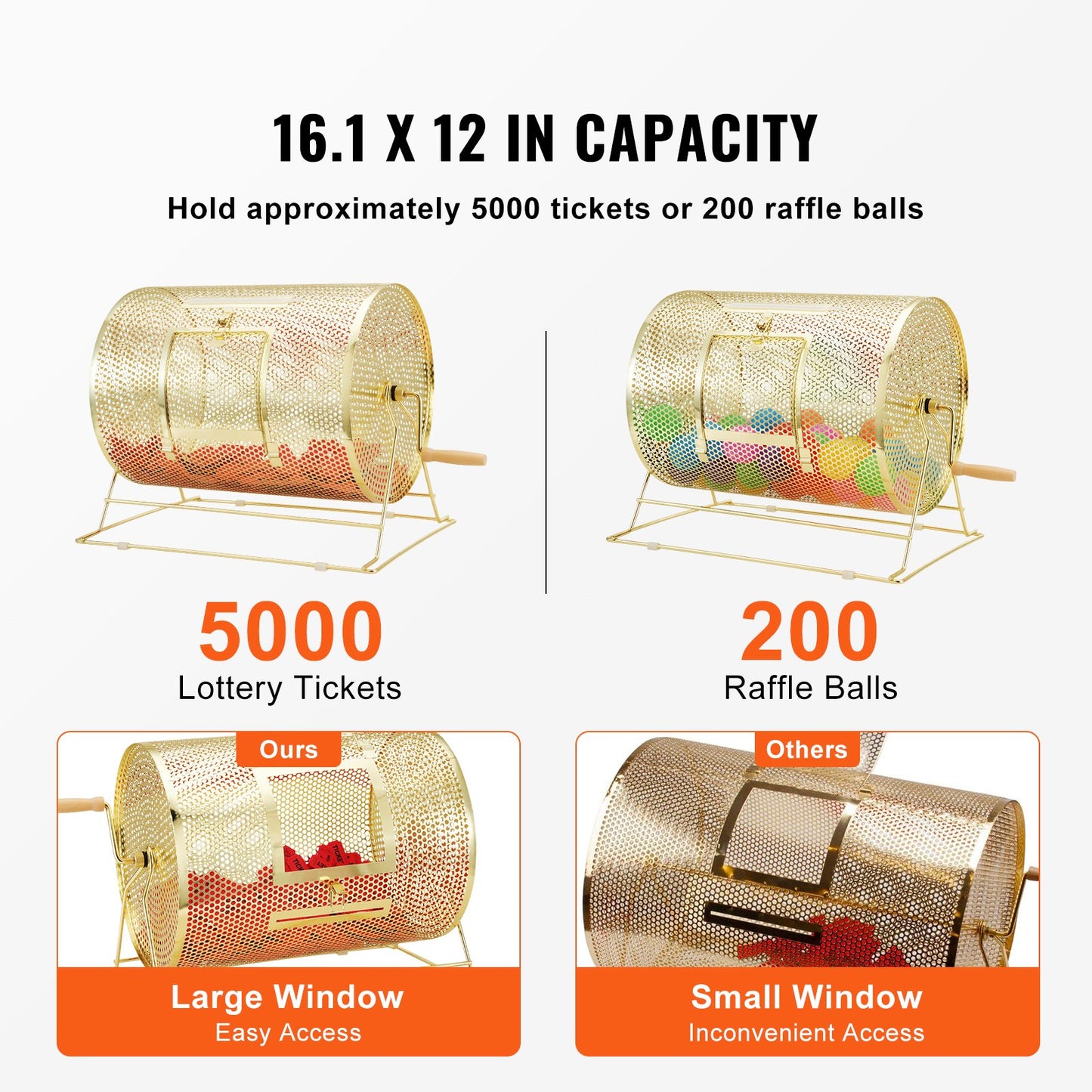 VEVOR Raffle Drum, 16.1 x Ø12 inch Brass Plated Raffle Ticket Spinning Cage, Holds