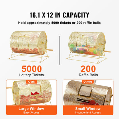 VEVOR Raffle Drum, 16.1 x Ø12 inch Brass Plated Raffle Ticket Spinning Cage, Holds