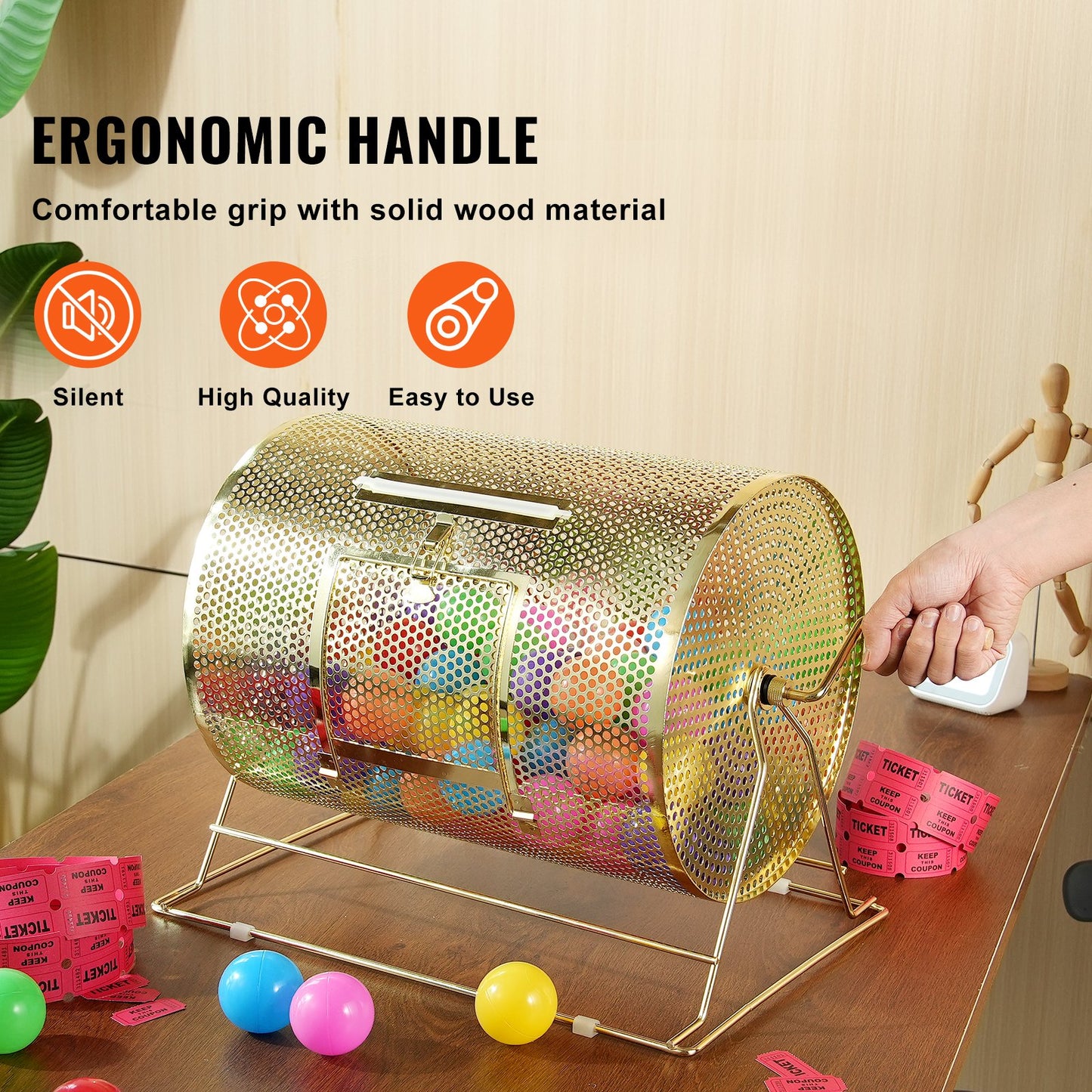 VEVOR Raffle Drum, 16.1 x Ø12 inch Brass Plated Raffle Ticket Spinning Cage, Holds