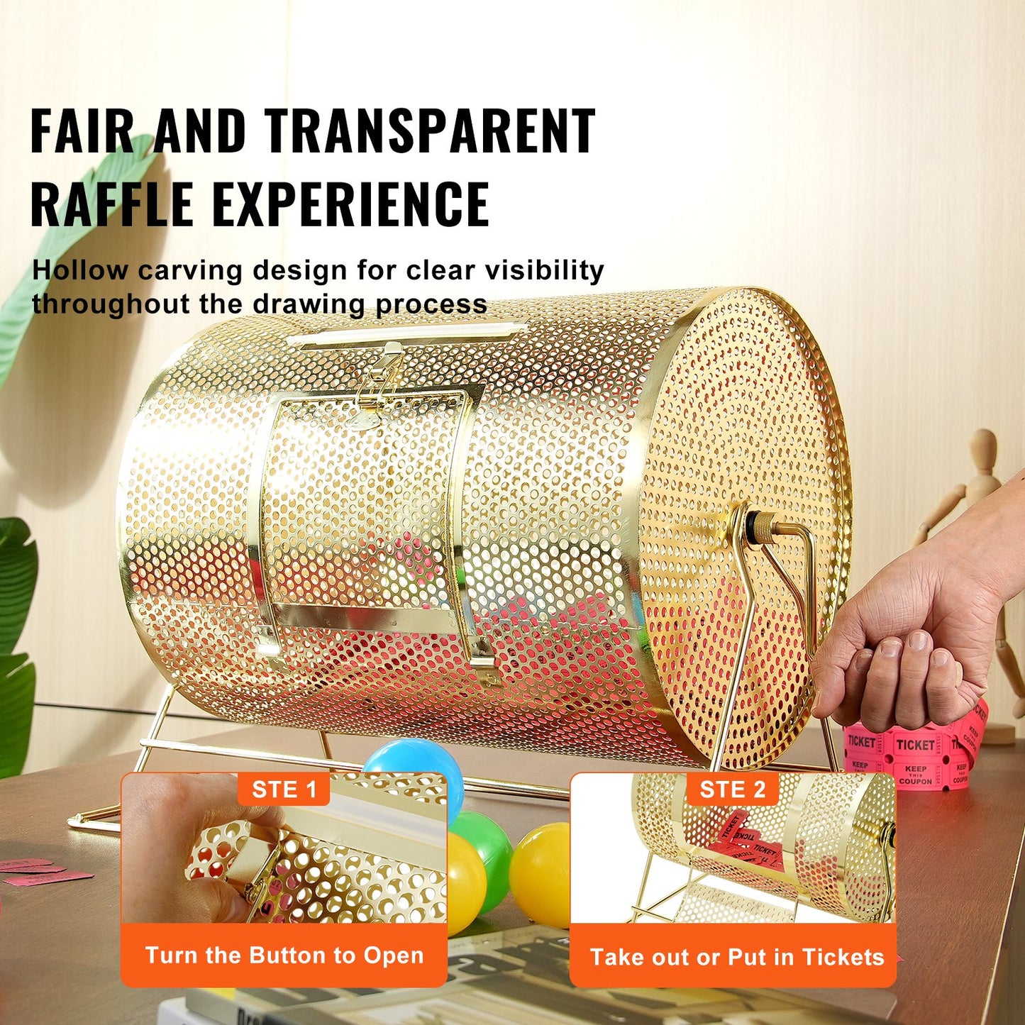 VEVOR Raffle Drum, 16.1 x Ø12 inch Brass Plated Raffle Ticket Spinning Cage, Holds