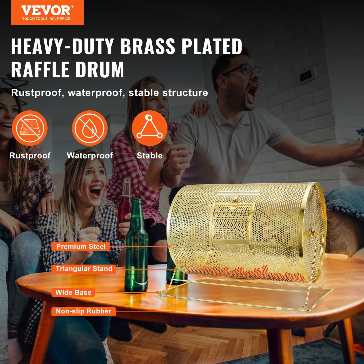 VEVOR Raffle Drum, 14.8 x Ø21.26 inch Brass Plated Raffle Ticket Spinning Cage,