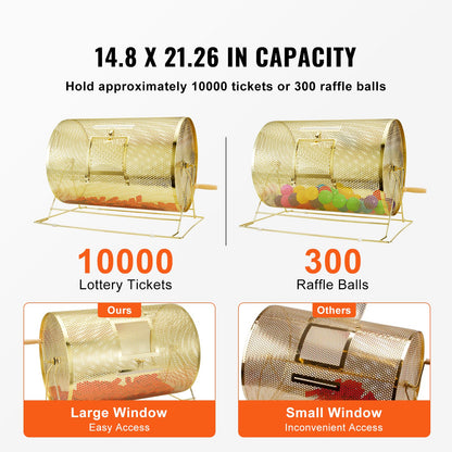 VEVOR Raffle Drum, 14.8 x Ø21.26 inch Brass Plated Raffle Ticket Spinning Cage,