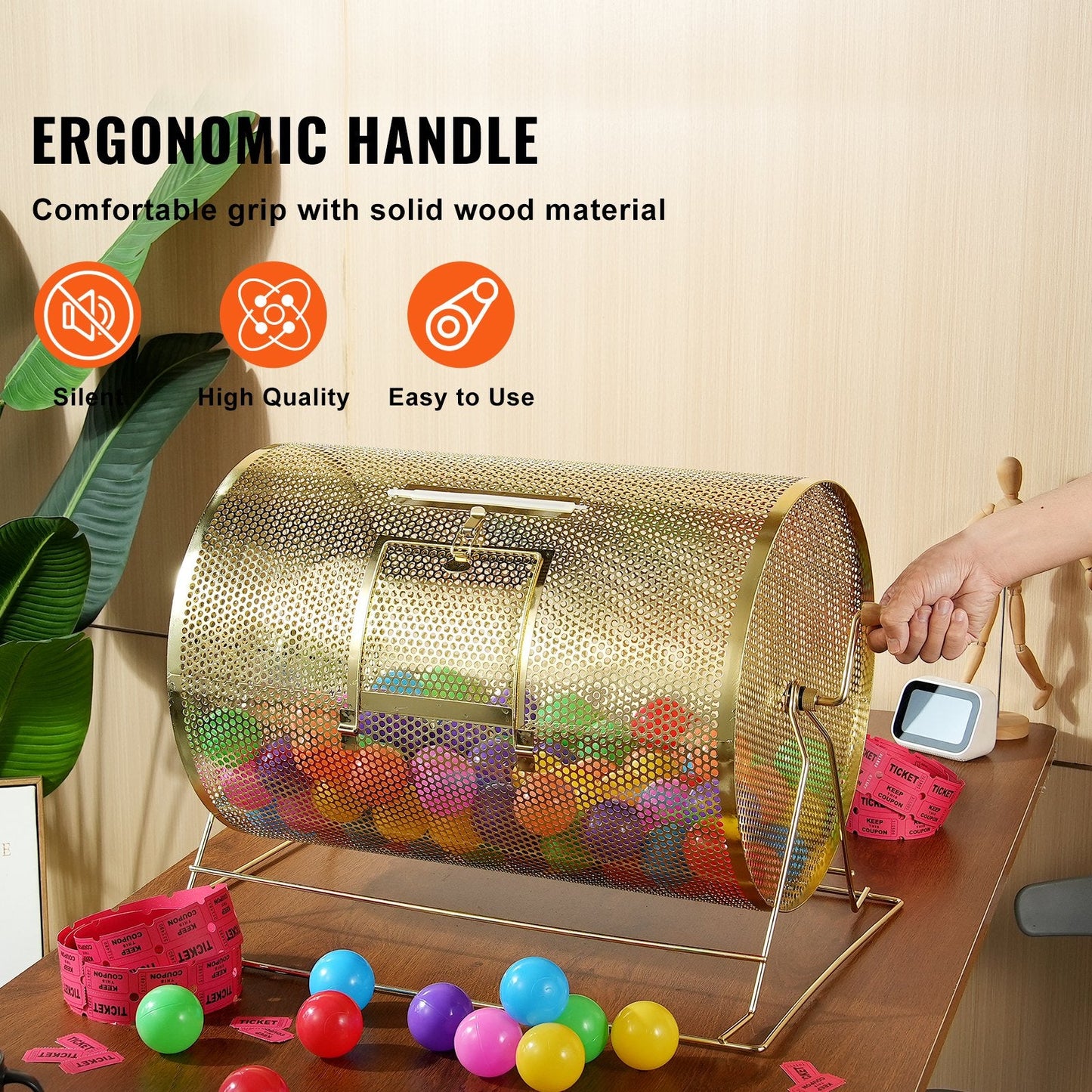 Large Brass Raffle Drum with Wooden Handle, Holds 10000 Tickets or 300 Balls