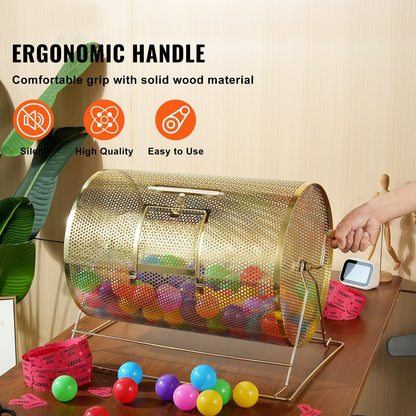 Large Brass Raffle Drum with Wooden Handle, Holds 10000 Tickets or 300 Balls