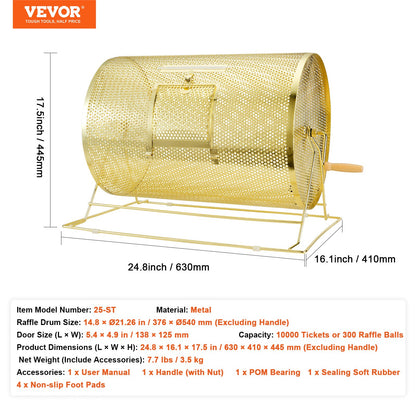 VEVOR Raffle Drum, 14.8 x Ø21.26 inch Brass Plated Raffle Ticket Spinning Cage,