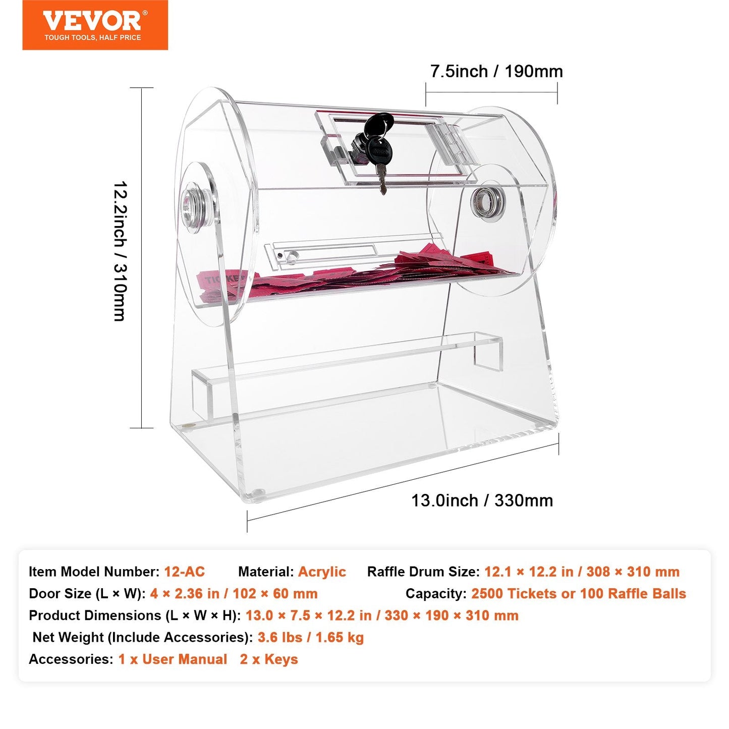 Professional Acrylic Raffle Drum with Lock, Holds 2500 Tickets or 100 Balls