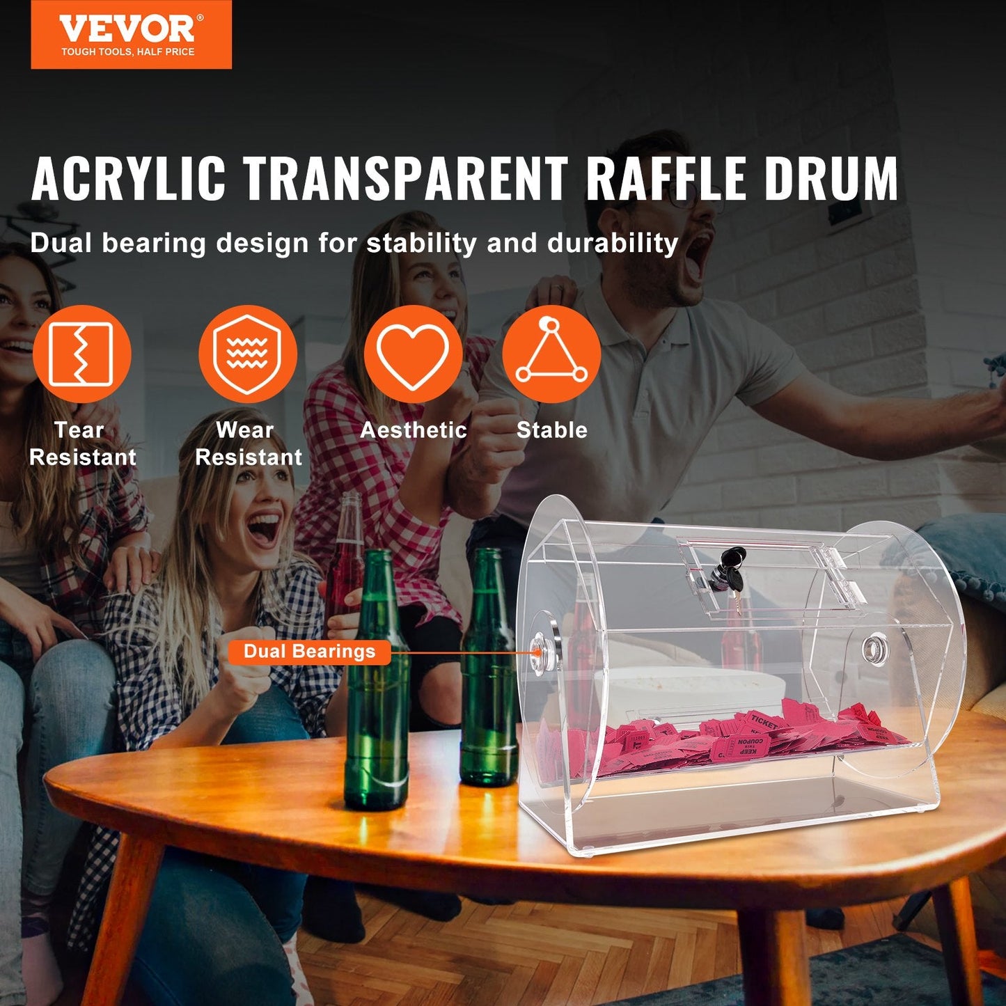 Acrylic Raffle Drum for 5000 Tickets or 200 Balls, with Lock and Keys, Transparent