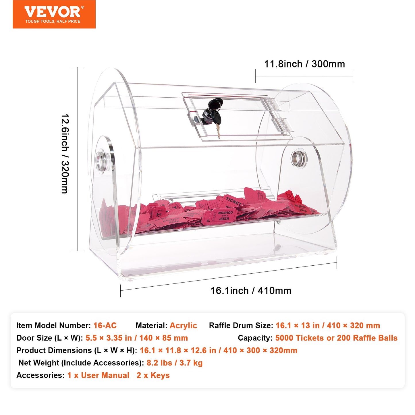 VEVOR Acrylic Raffle Drum, Holds 5000 Tickets or 200 Raffle Balls, Professional
