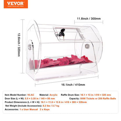 VEVOR Acrylic Raffle Drum, Holds 5000 Tickets or 200 Raffle Balls, Professional
