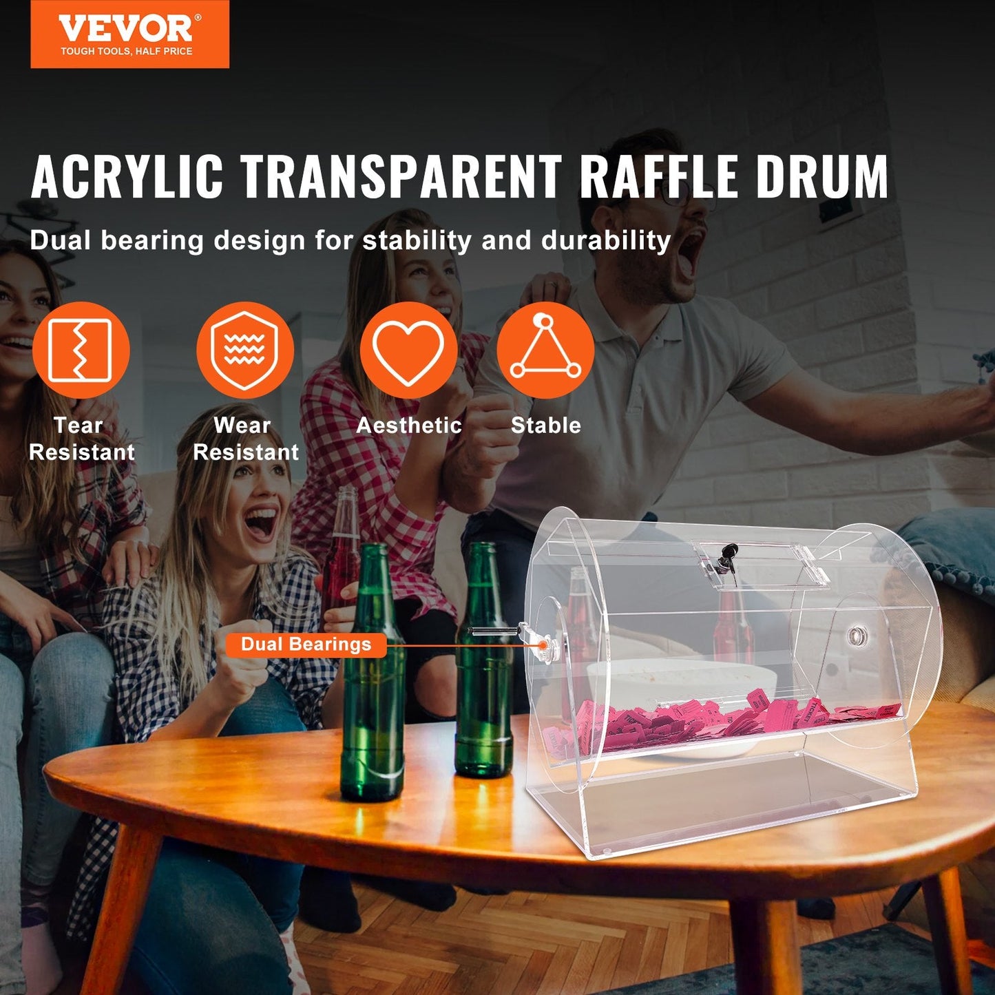 Acrylic Raffle Drum for 10000 Tickets or 300 Balls, Transparent with Lock