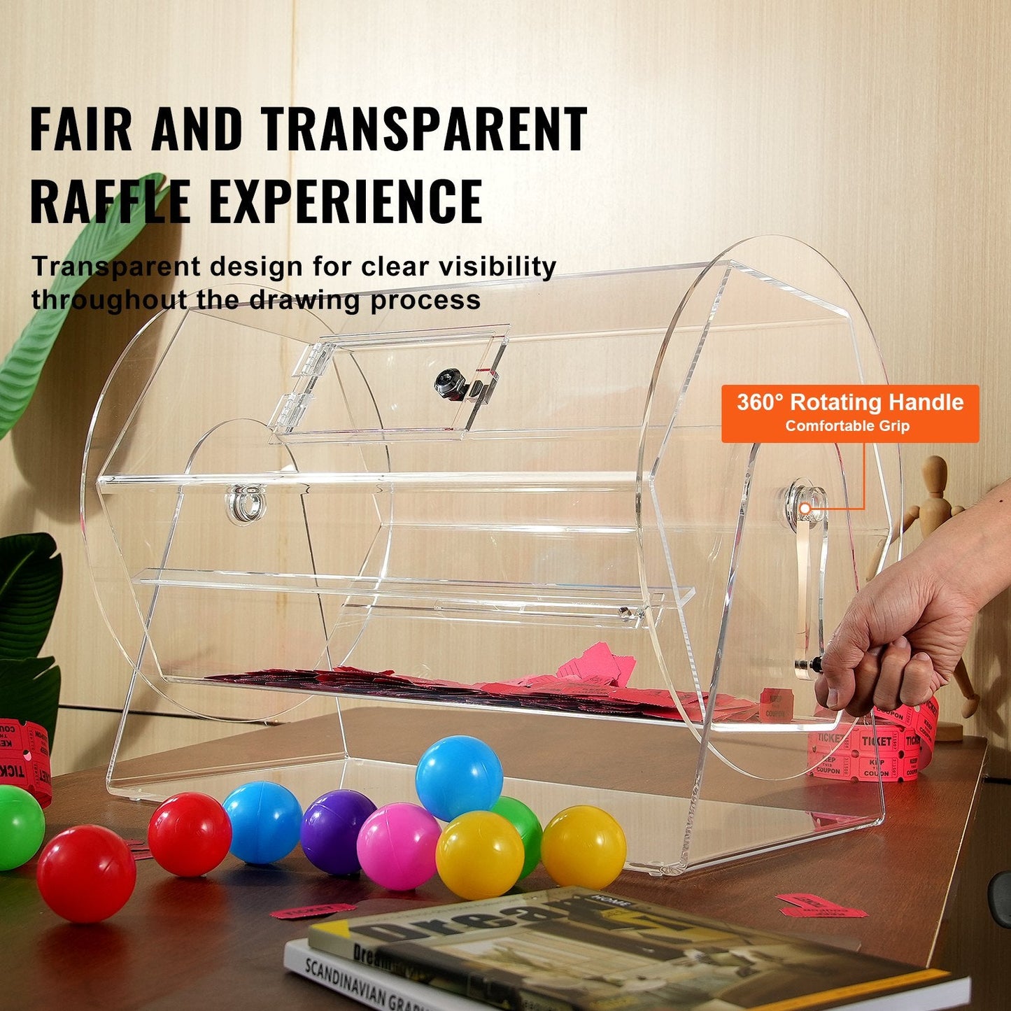 Acrylic Raffle Drum for 10000 Tickets or 300 Balls, Transparent with Lock