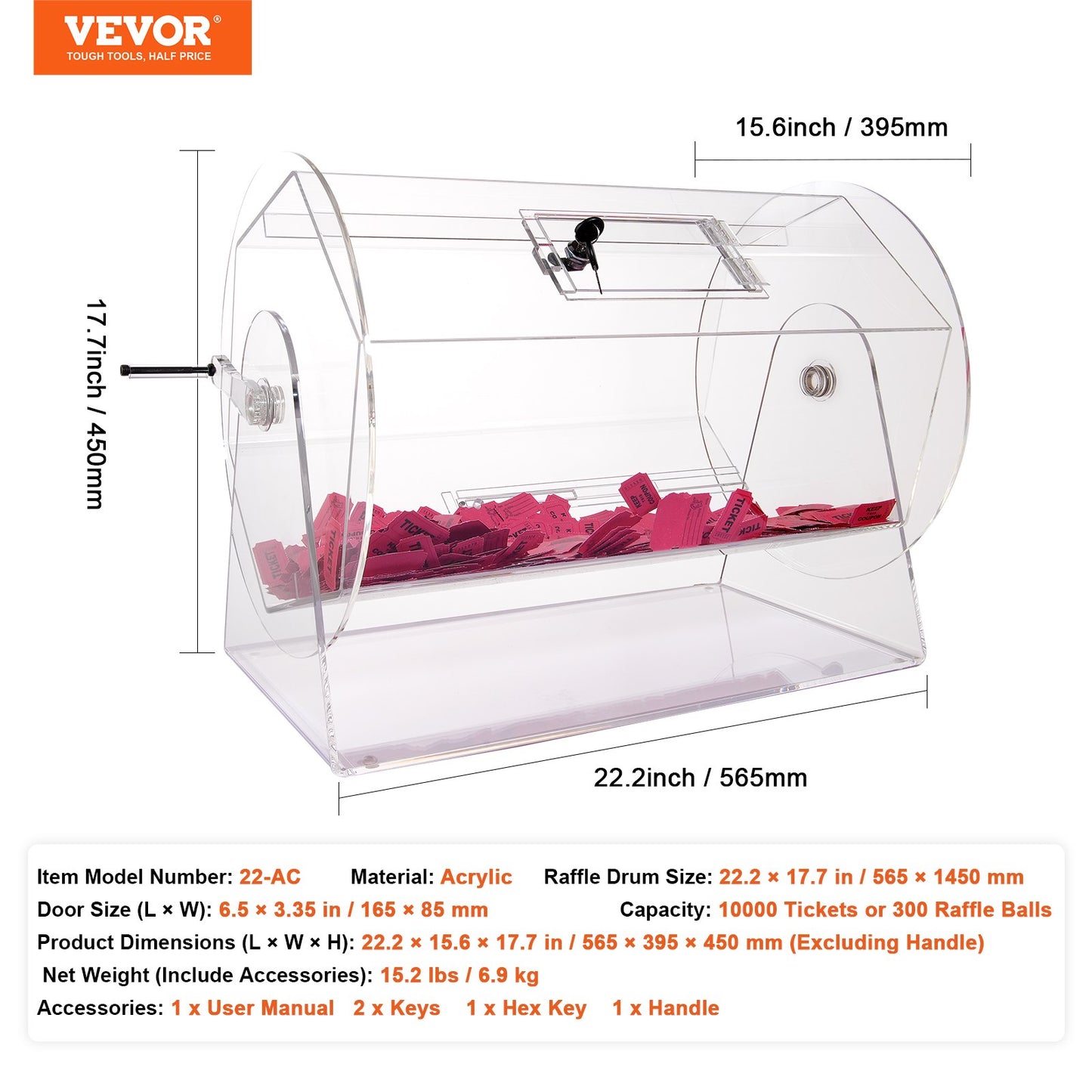 VEVOR Acrylic Raffle Drum, Holds 10000 Tickets or 300 Raffle Balls, Professional