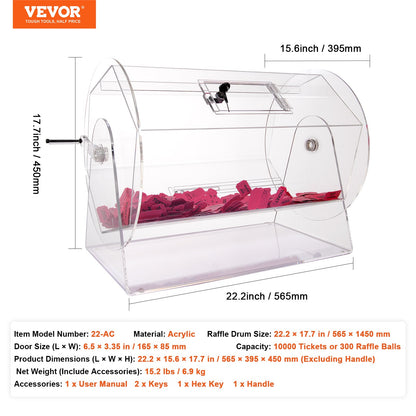 VEVOR Acrylic Raffle Drum, Holds 10000 Tickets or 300 Raffle Balls, Professional