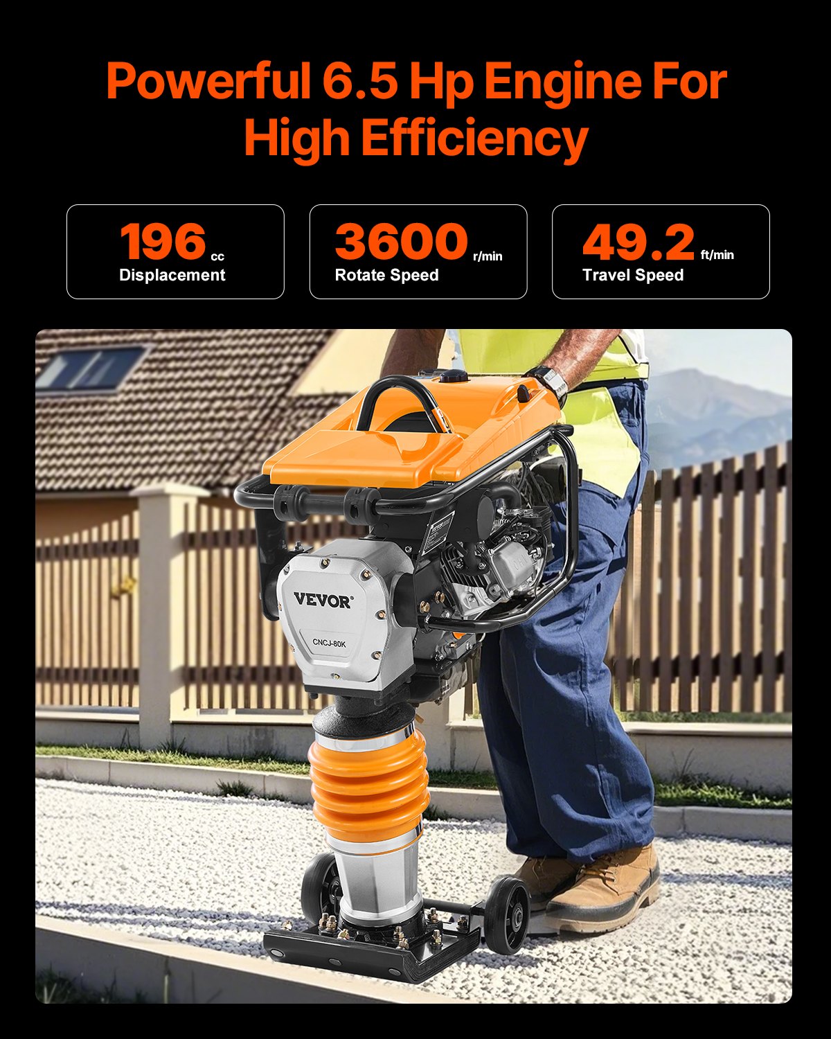 VEVOR 6.5 HP 196 cc Four-Spring Jumping Jack Vibratory Rammer Tamper Compactor
