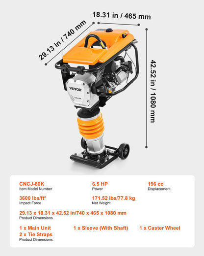 VEVOR 6.5 HP 196 cc Four-Spring Jumping Jack Vibratory Rammer Tamper Compactor