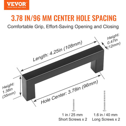 10-Pack Slim Square Cabinet Pulls, 96mm Center, Matte Black Stainless Steel
