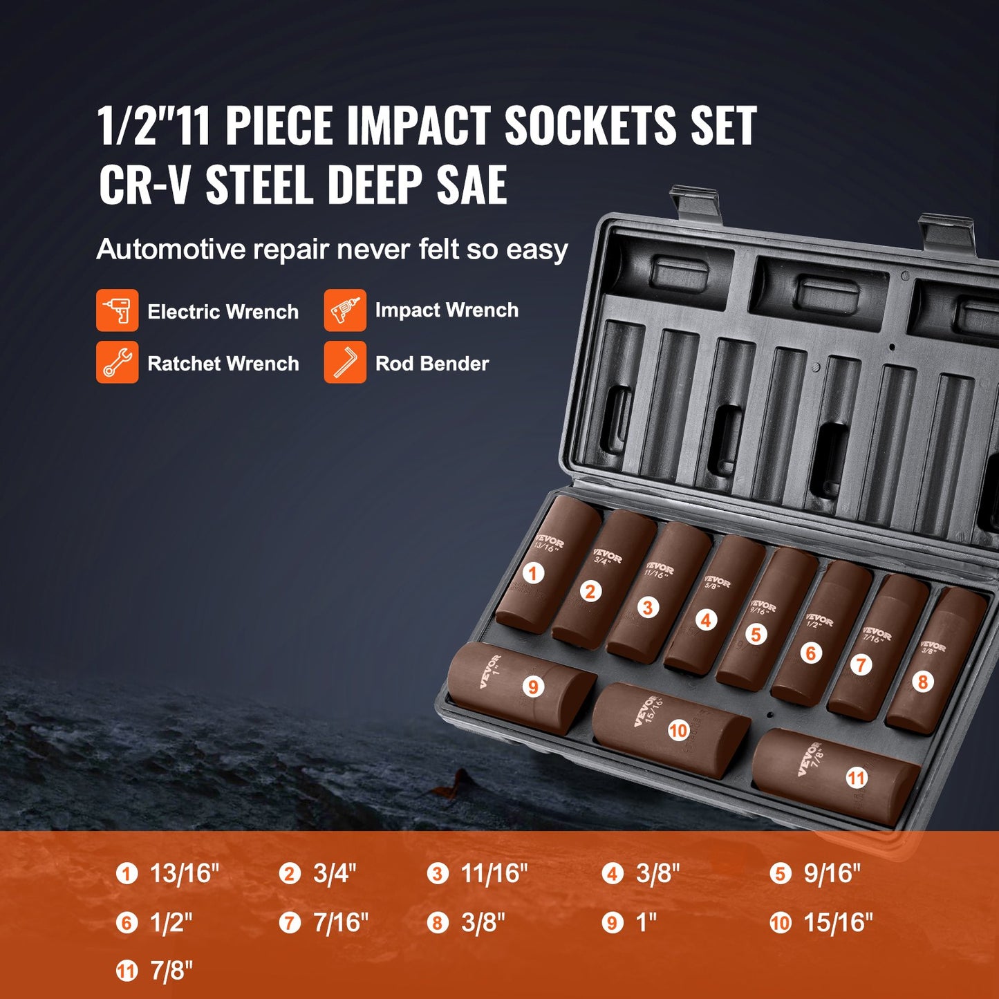 VEVOR 1/2" Drive Impact Socket Set, 11 Piece Deep Socket Set SAE 3/8"-1", 6 Point