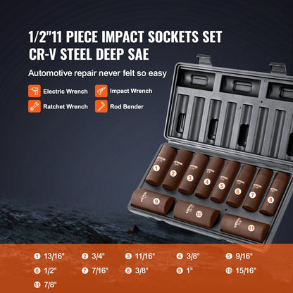 1/2" Drive 11-Piece Deep Impact Socket Set SAE 3/8"-1", CR-V Steel