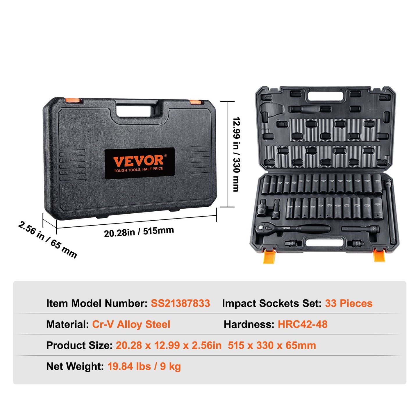 VEVOR 1/2" Drive Impact Socket Set, 33 Piece Socket Set SAE 3/8"-1" and Metric 10-24mm,