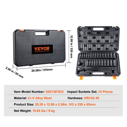 VEVOR 1/2" Drive Impact Socket Set, 33 Piece Socket Set SAE 3/8"-1" and Metric 10-24mm,